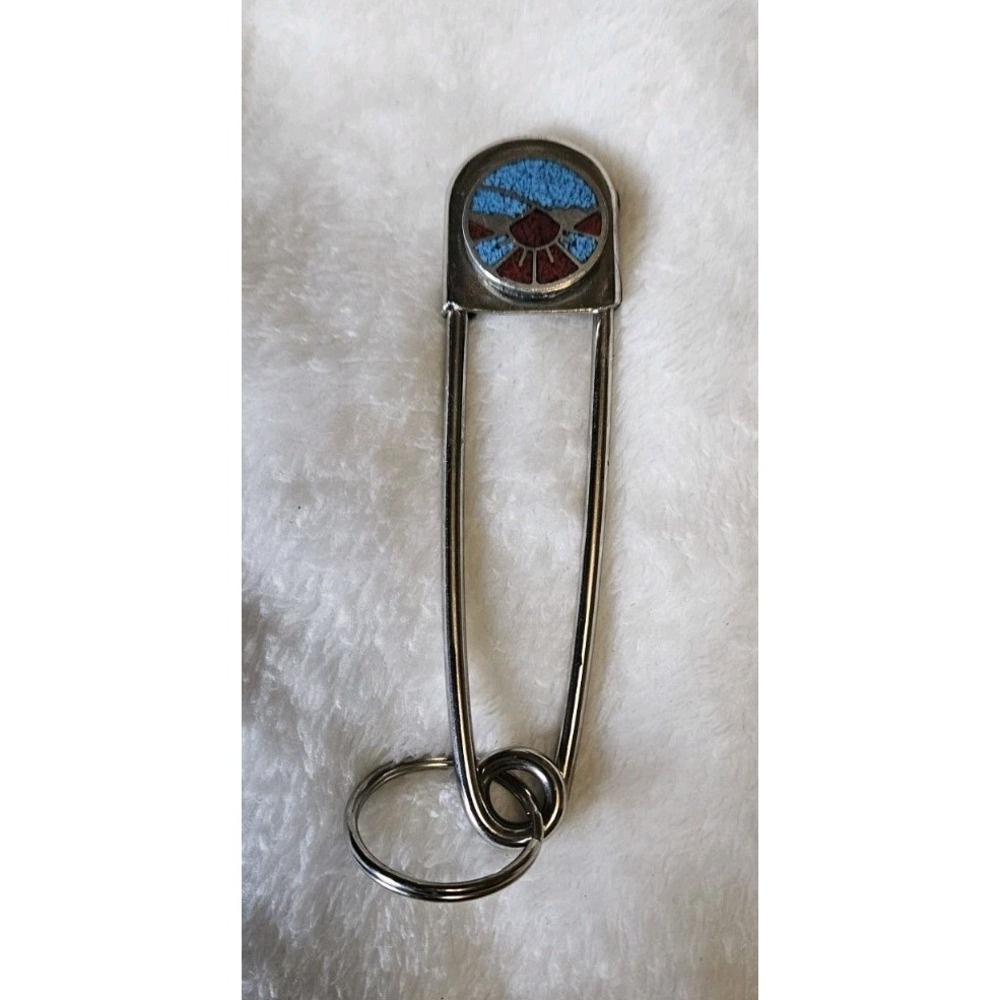 Vtg Large Jumbo 4" Safety Pin Keychain Native American Crushed Rock Inlaid Sun
